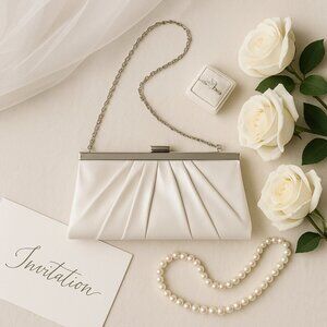 Vintage Jessica McClintock Pleated Frame Clutch Ivory Chain Strap Bridal/Evening